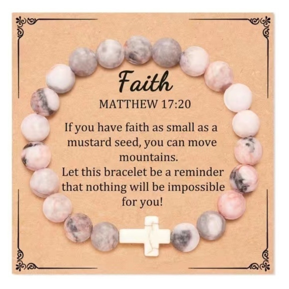 Pink Zebra Bracelet, Matthew 17:20 Quote, 8mm Pink Zebra Beads & Cross